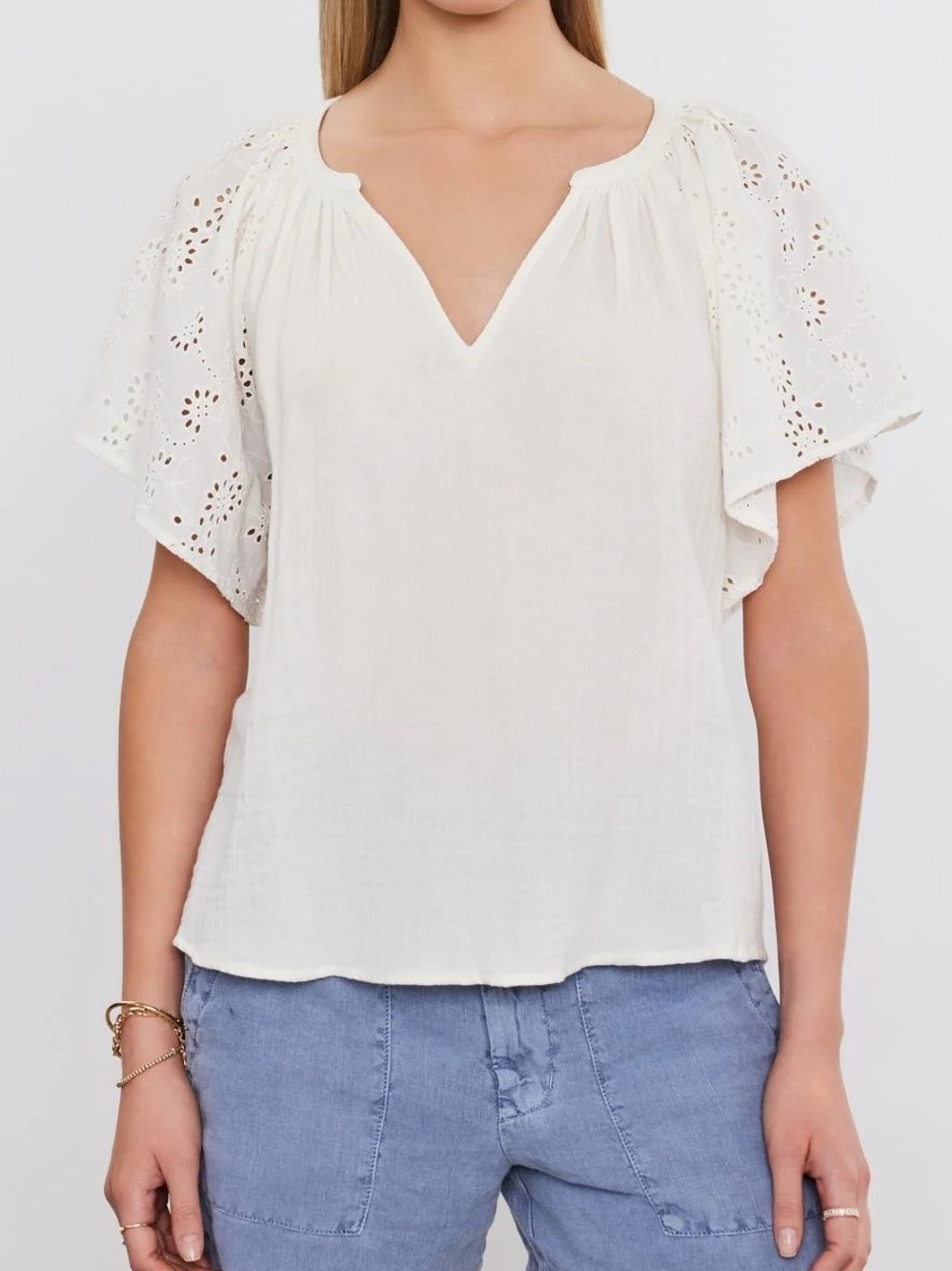 Tish Gauze and Eyelet Flutter Sleeve Top